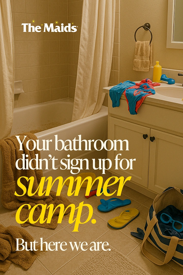 Cleaning Services creative ad: Messy summer bathroom strewn with beach gear