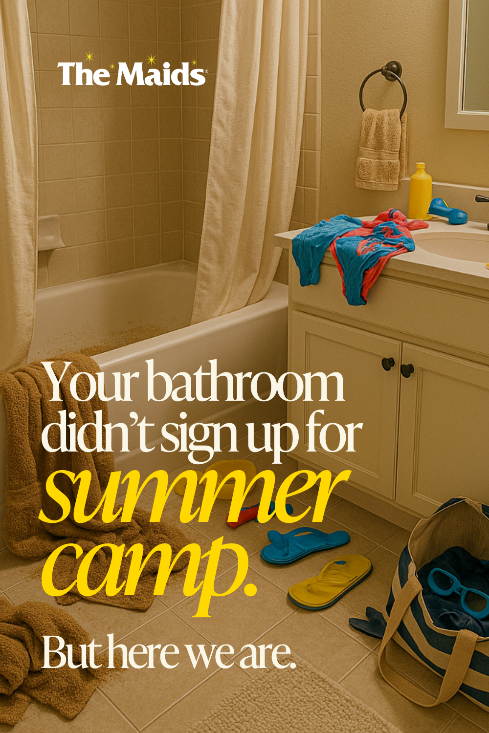 Instagram post: Messy summer bathroom strewn with beach gear