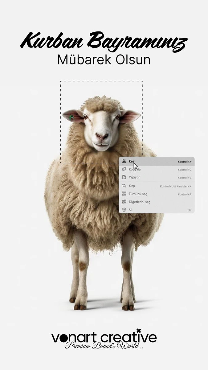 Eid creative ad: Front-facing woolly sheep with a software selection box around its head and a Cut context menu