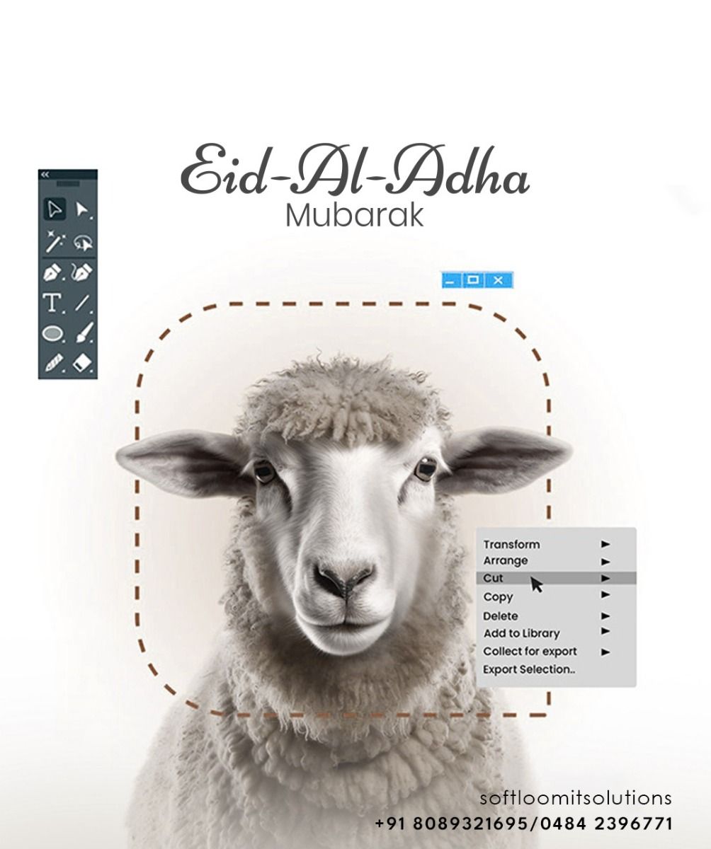 Frontal sheep portrait selected inside a design-software UI with the Cut option highlighted