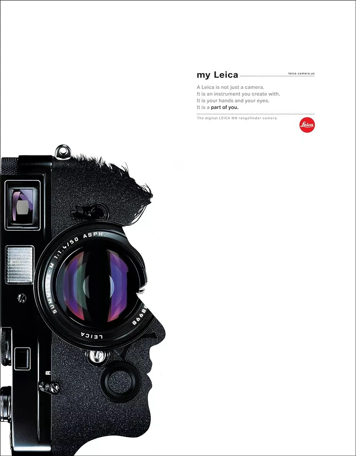 Photography creative ad: Leica camera forms human head silhouette
