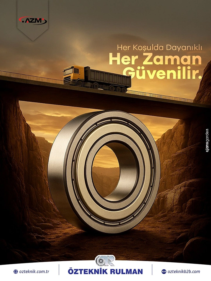 Manufacturing & Industrial Machinery creative ad: Giant ball bearing holding up a bridge a truck drives across, in a canyon