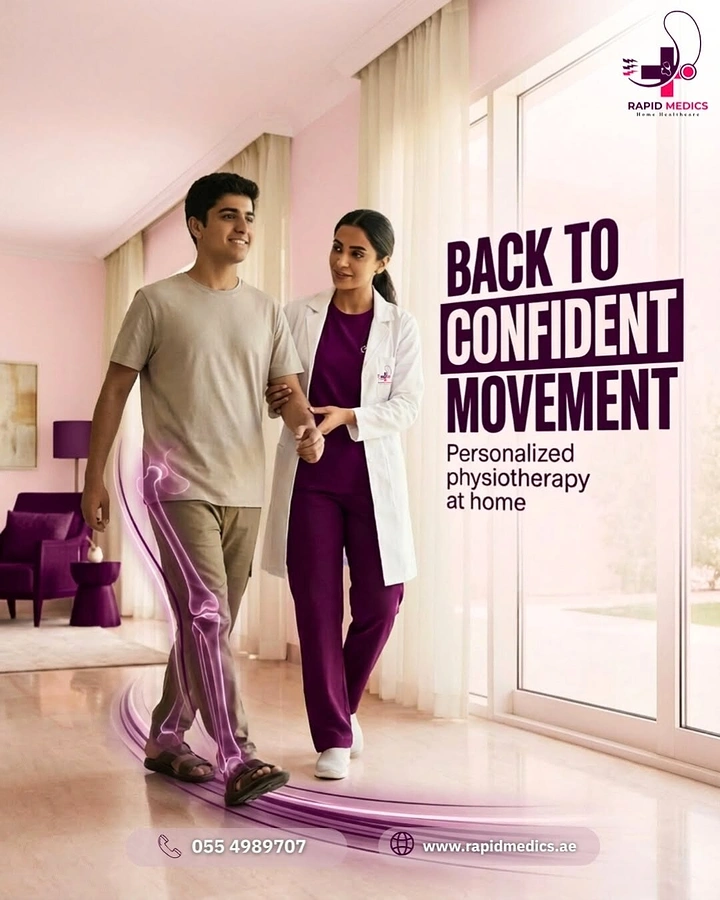 Senior Care creative ad: Physiotherapist walking a young male patient through a bright home