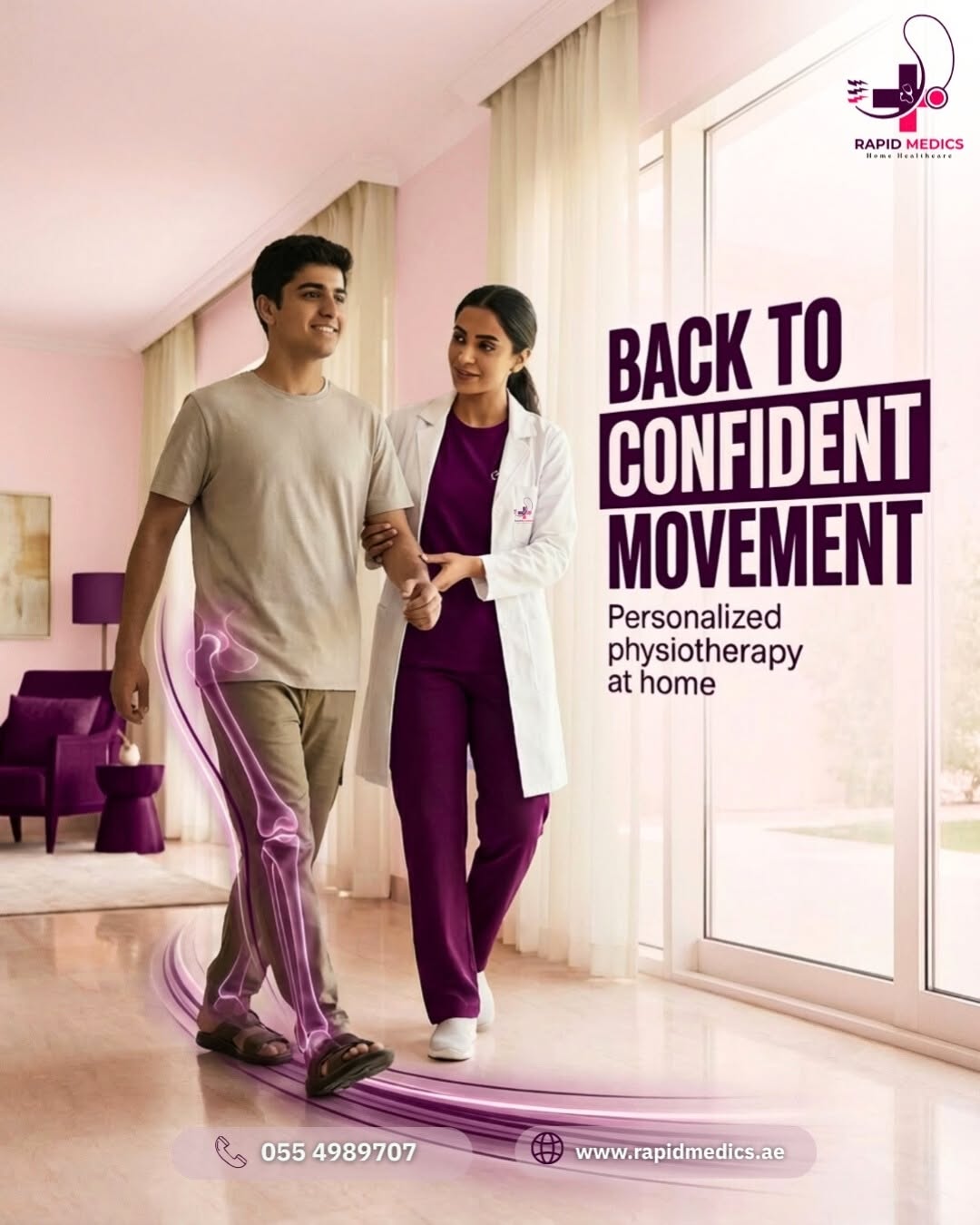 Instagram post: Physiotherapist walking a young male patient through a bright home