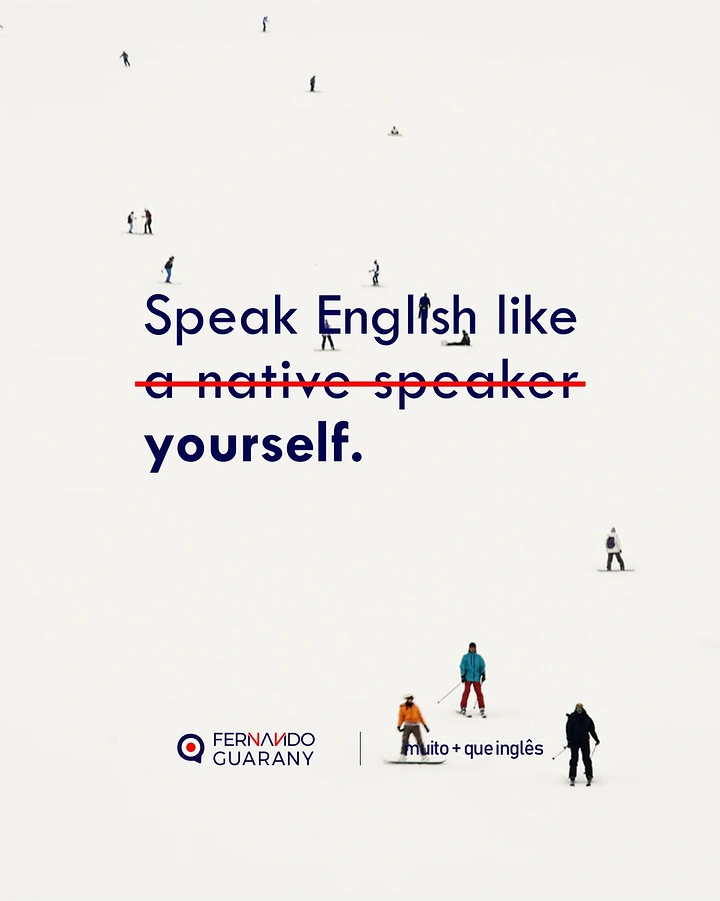 Language Schools & Spoken English creative ad: Tiny skiers scattered across a white snow slope