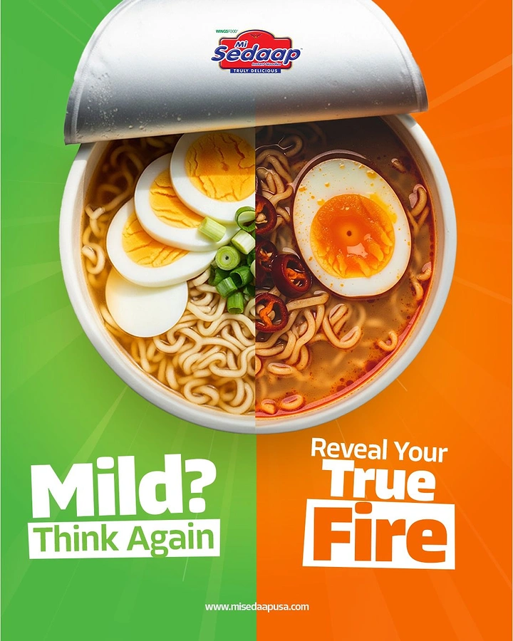 Instant Noodles & Pasta Brands creative ad: Split bowl visualizes mild versus fire