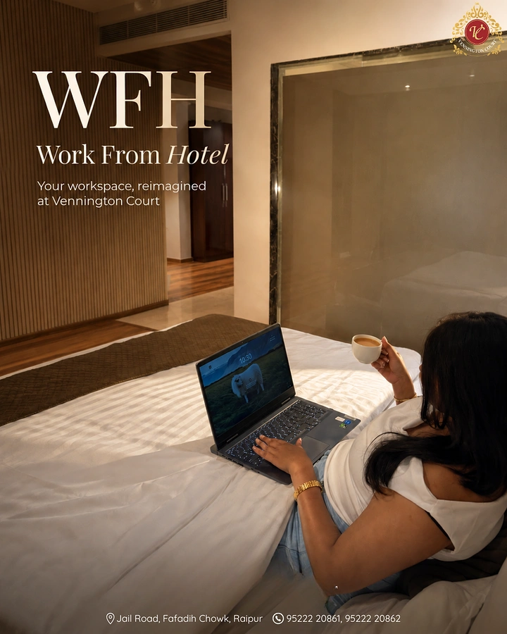 Co-working Spaces creative ad: Woman working on a laptop on a hotel bed with a cup of tea