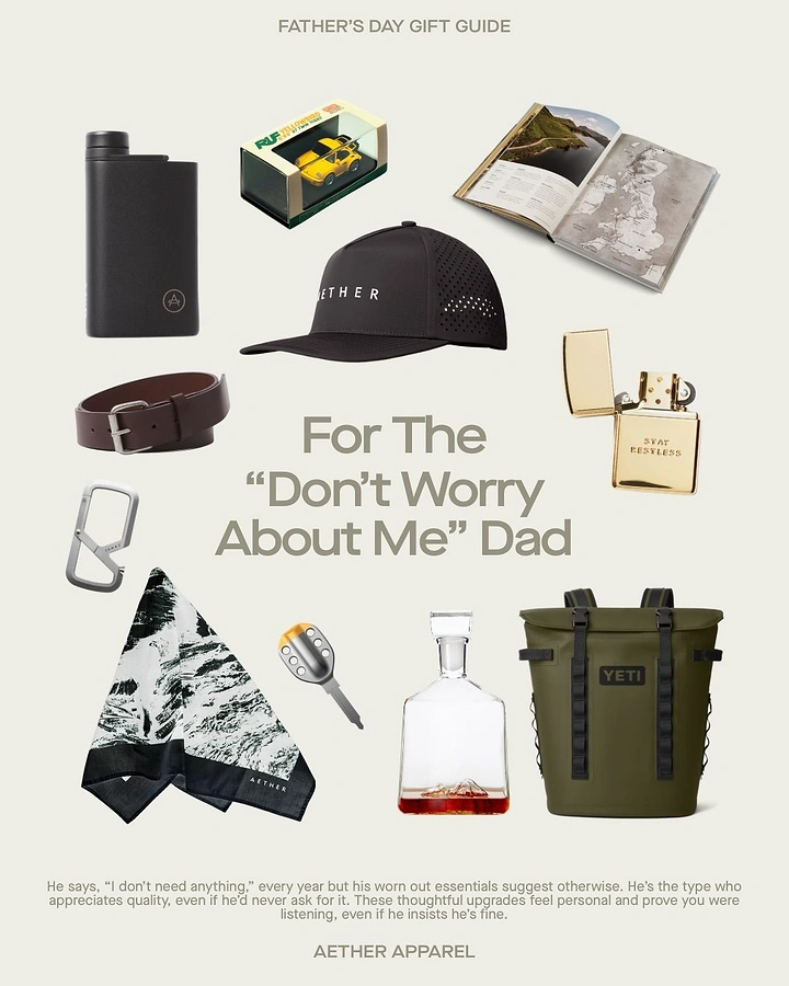 Father's Day creative ad: Flat-lay of curated men's gift products around a central headline