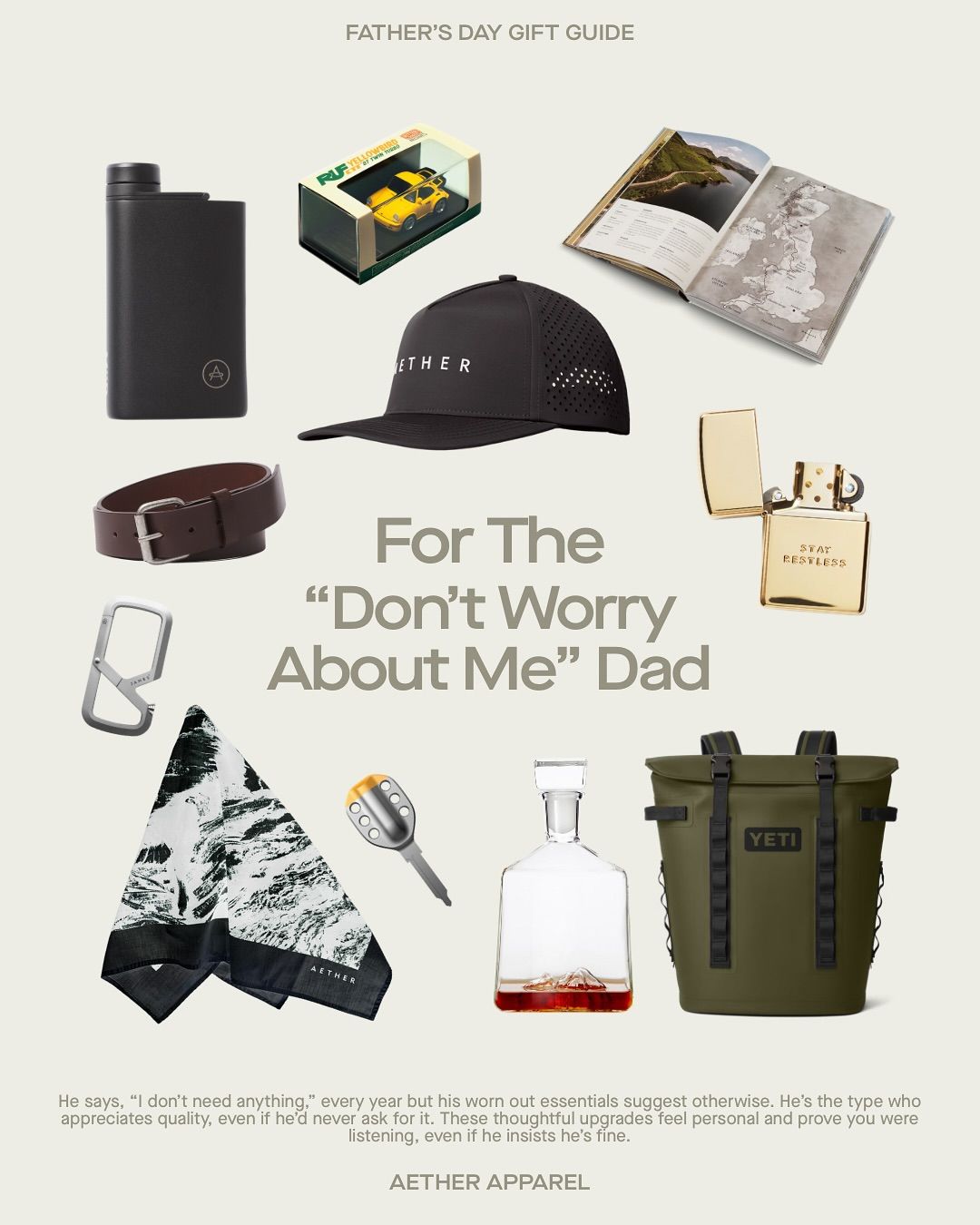 Flat-lay of curated men's gift products around a central headline