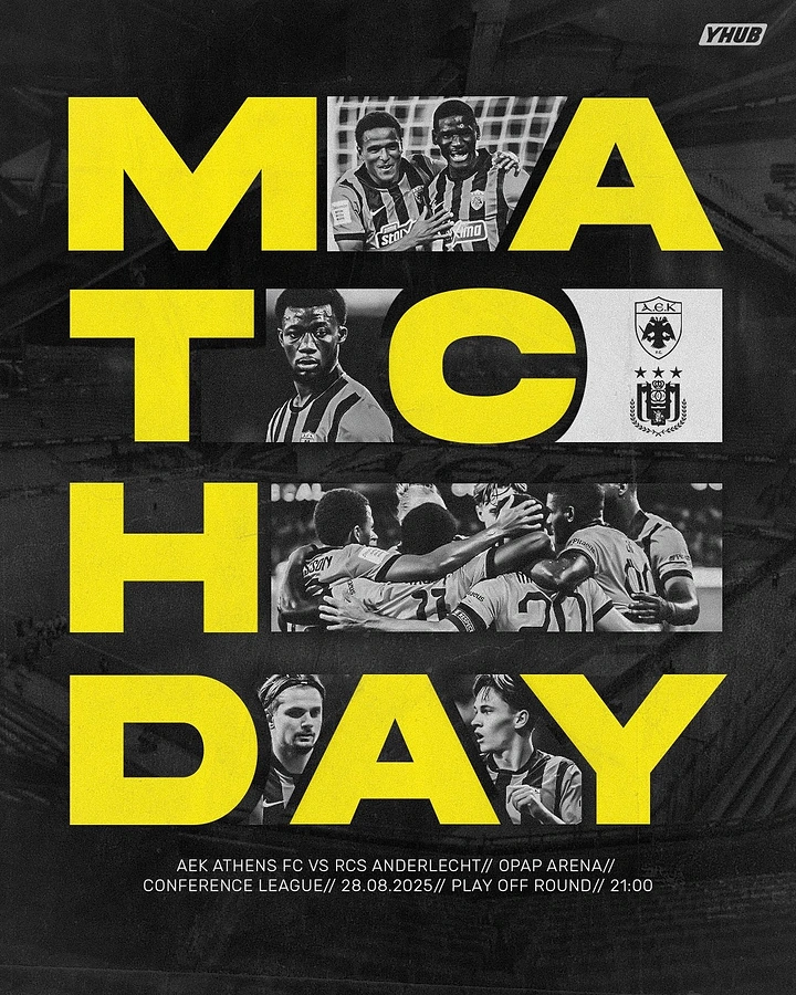 Creative ad: Giant yellow MATCHDAY letters interlocked with black-and-white player photos