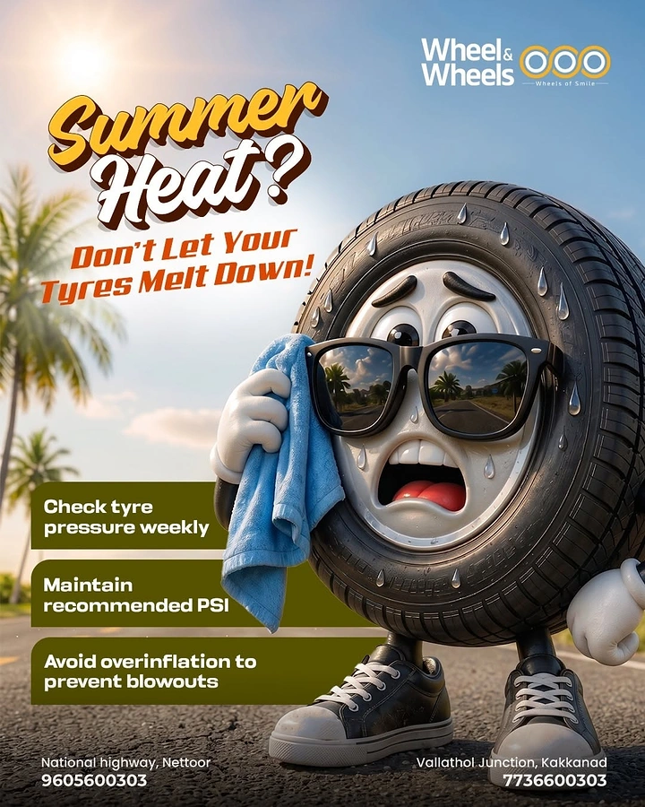 Auto Repair & Garages creative ad: Sweating cartoon tyre melting in summer heat