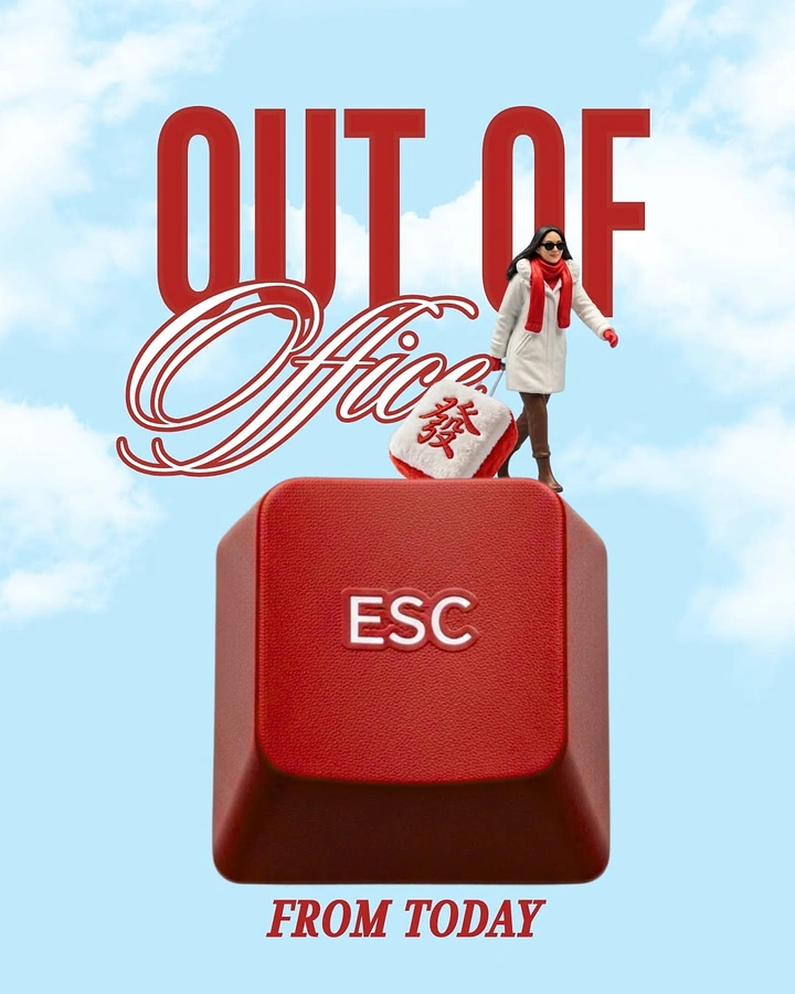 Lunar New Year creative ad: Miniature woman with luggage stepping off a giant red ESC keycap