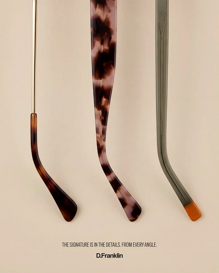 Creative ad: Three eyewear temple tips hanging side by side