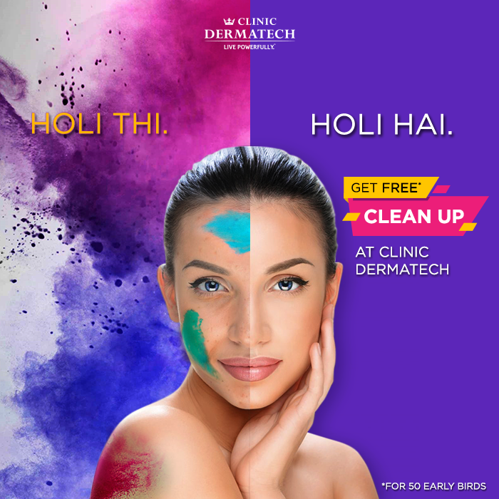Holi Instagram post: Woman's face split between Holi-stained and clean skin