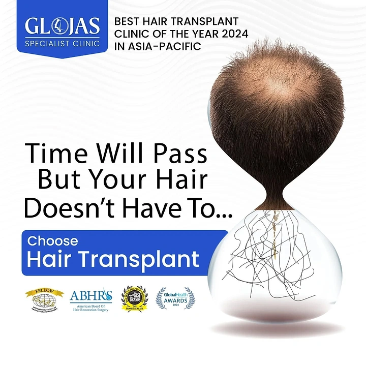 Hair Transplant & Hair Clinics creative ad: Hourglass head draining hair metaphor