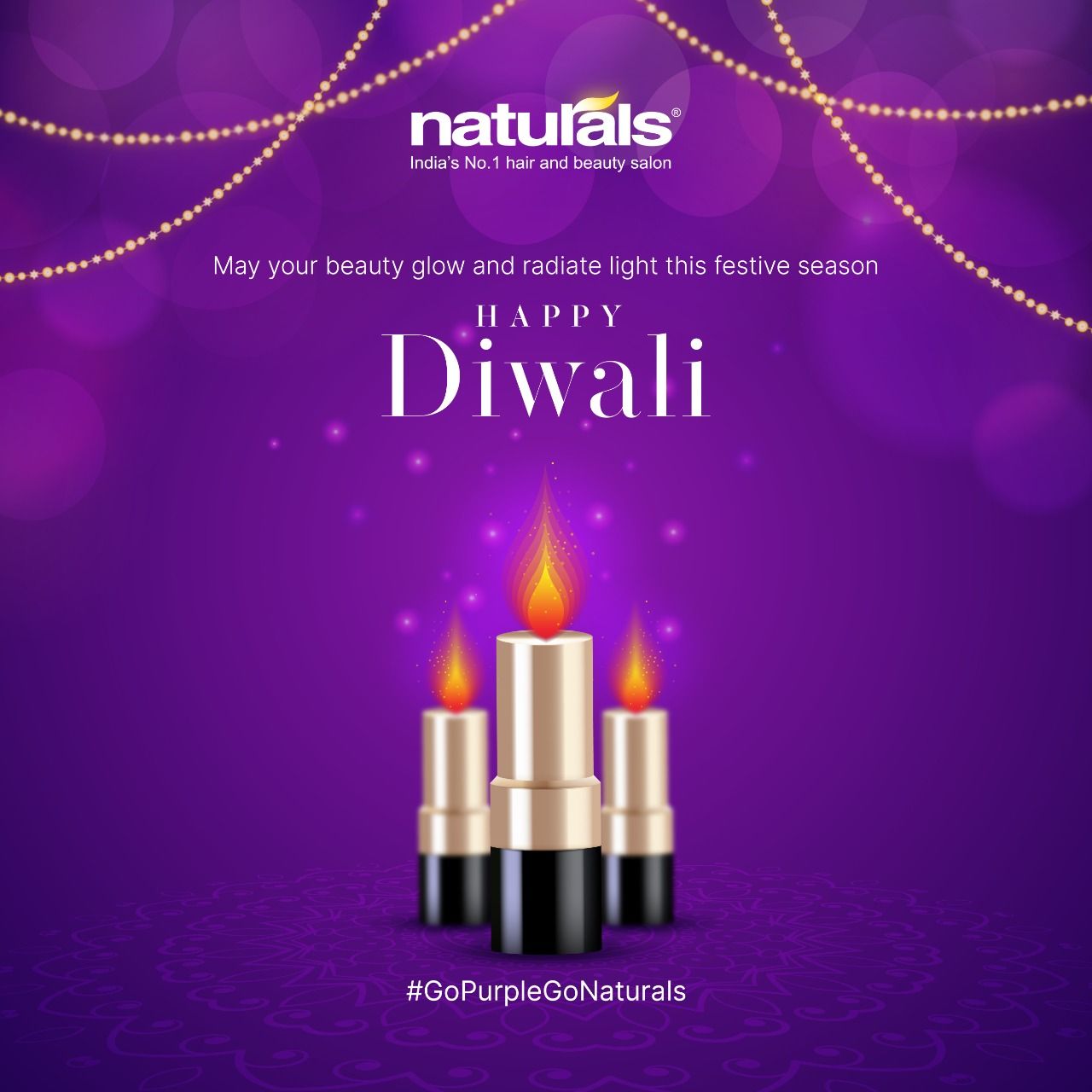 Diwali Instagram post: Three gold lipsticks styled as lit candles