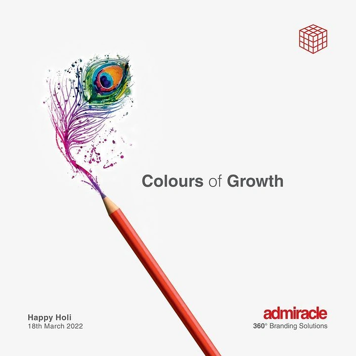 Holi creative ad: Red pencil drawing a watercolour peacock feather