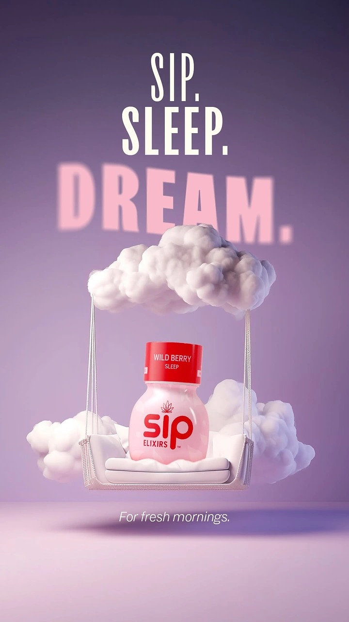Creative ad: Pink elixir bottle on a cushioned swing hung from a fluffy cloud