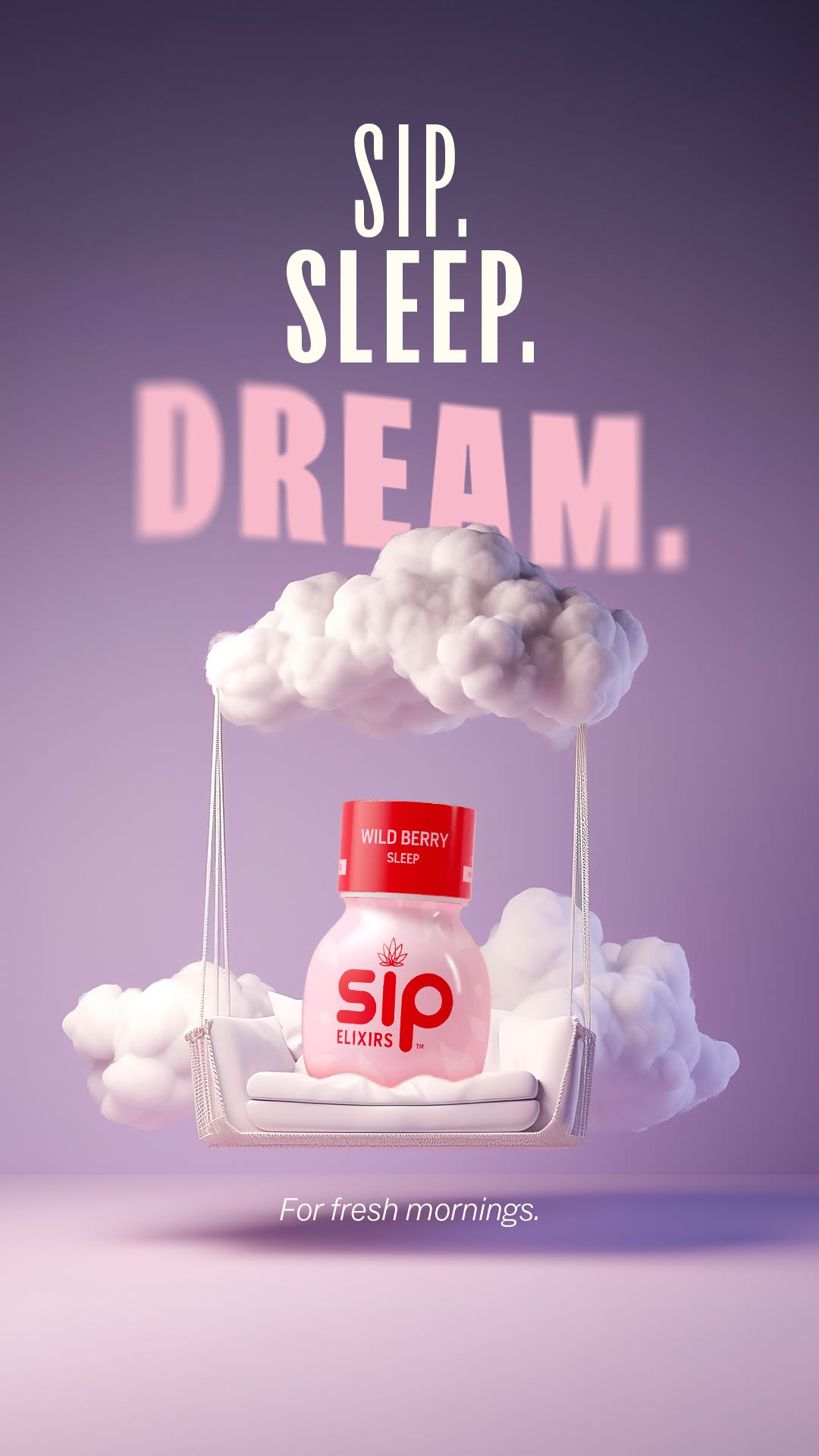 Story: Pink elixir bottle on a cushioned swing hung from a fluffy cloud