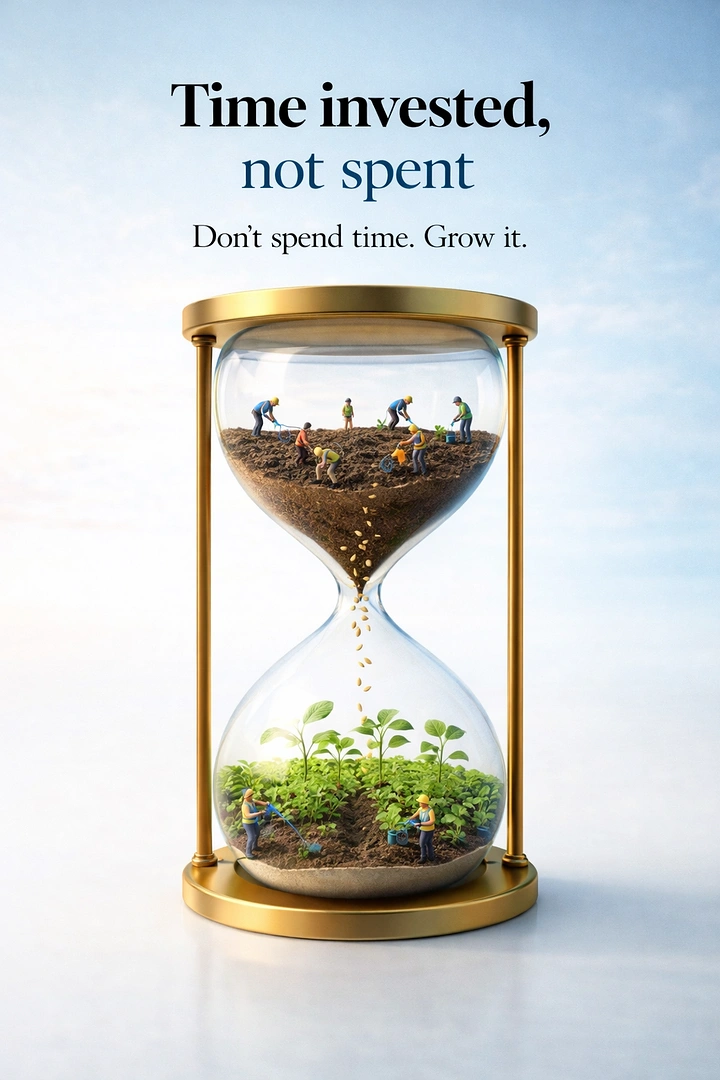 Stock Brokers & Investing creative ad: Hourglass grows plants: time invested