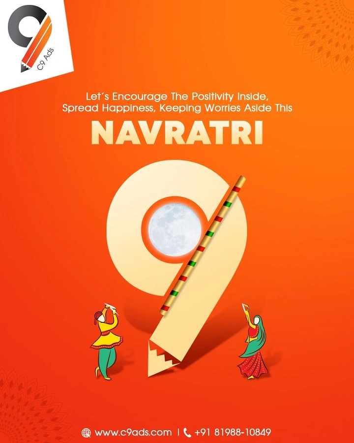Navratri creative ad: Giant numeral 9 shaped as a pencil with a moon in its loop and garba dancers