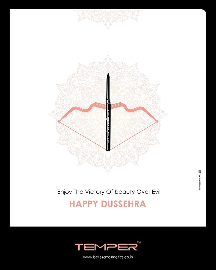 Dussehra creative ad: Eyeliner pencil nocked as an arrow on a coral bow