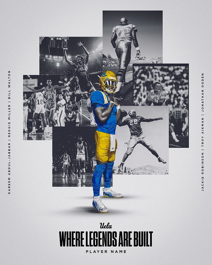 Creative ad: Colour football player in front of a collage of black-and-white legends