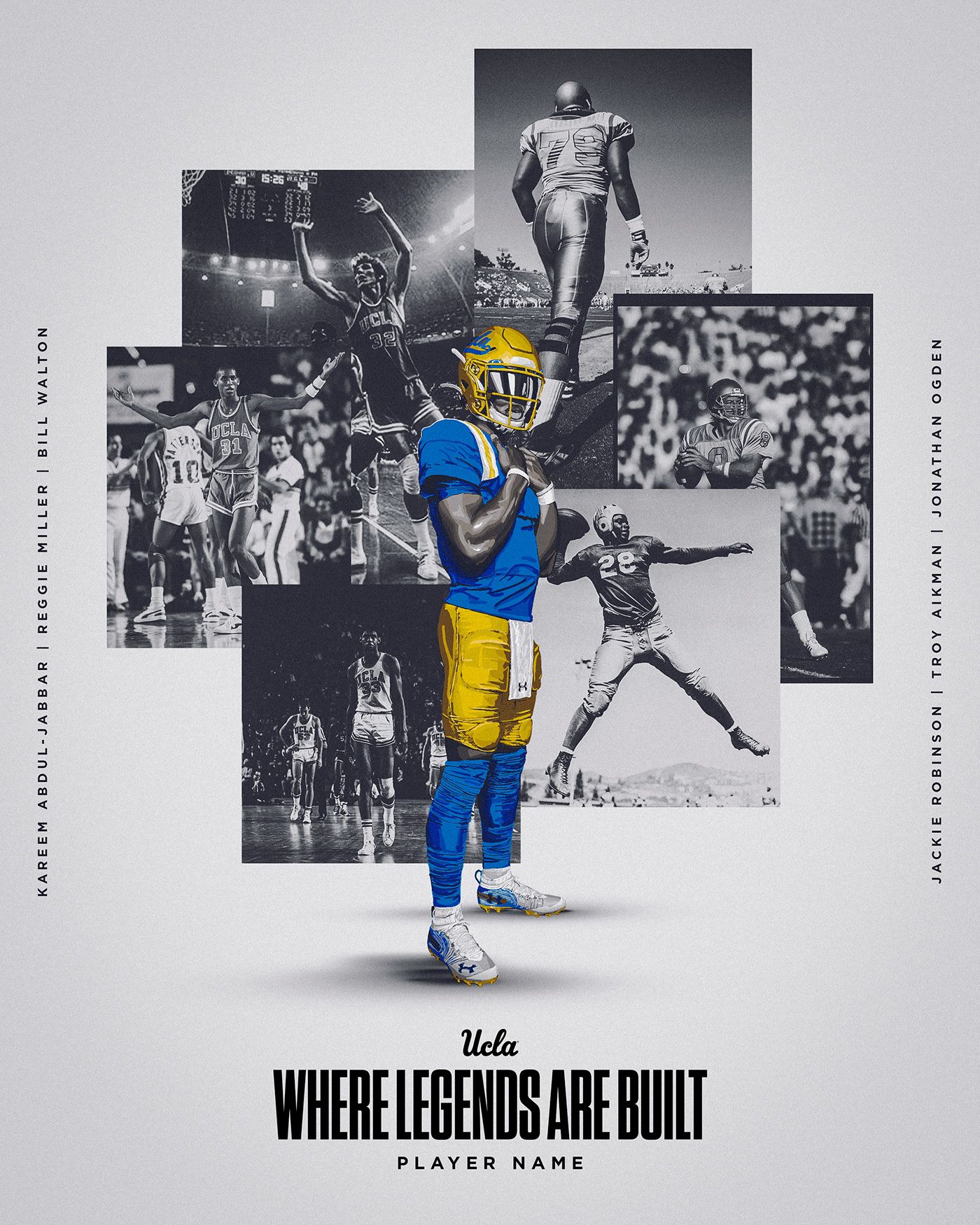 Poster: Colour football player in front of a collage of black-and-white legends