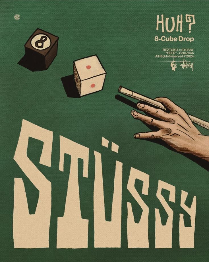 Instagram post: Illustrated hand with a pool cue aiming at two tumbling dice on green felt