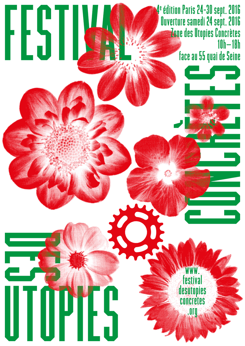 Poster: Red halftone flowers and a bicycle gear scattered across white