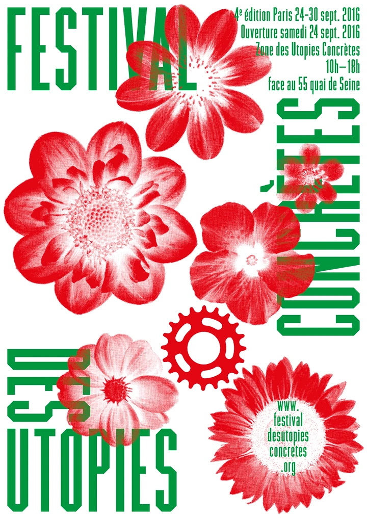 Creative ad: Red halftone flowers and a bicycle gear scattered across white