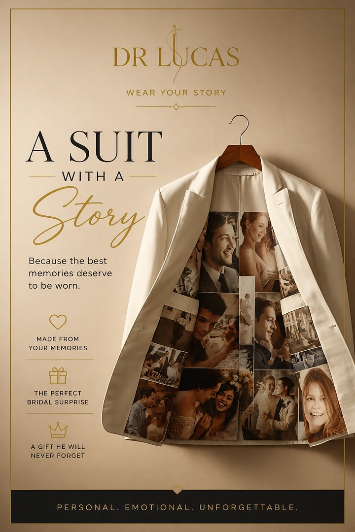 other-festival creative ad: Cream suit jacket lined with a collage of family and wedding memories