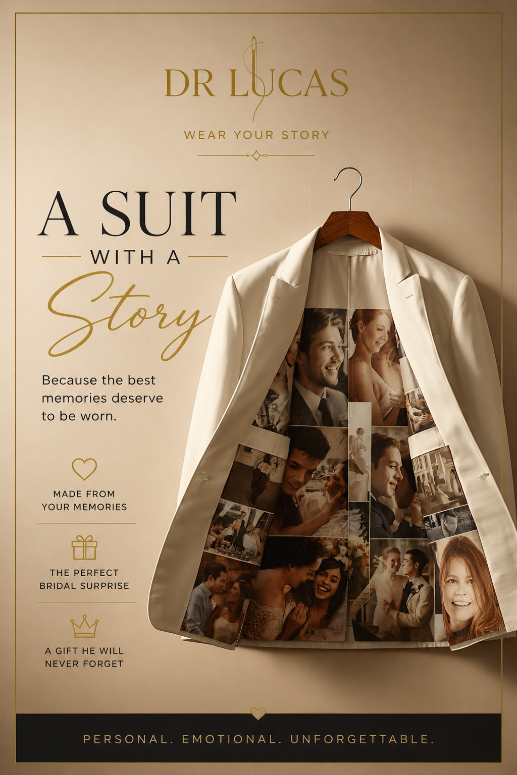 other-festival Poster: Cream suit jacket lined with a collage of family and wedding memories