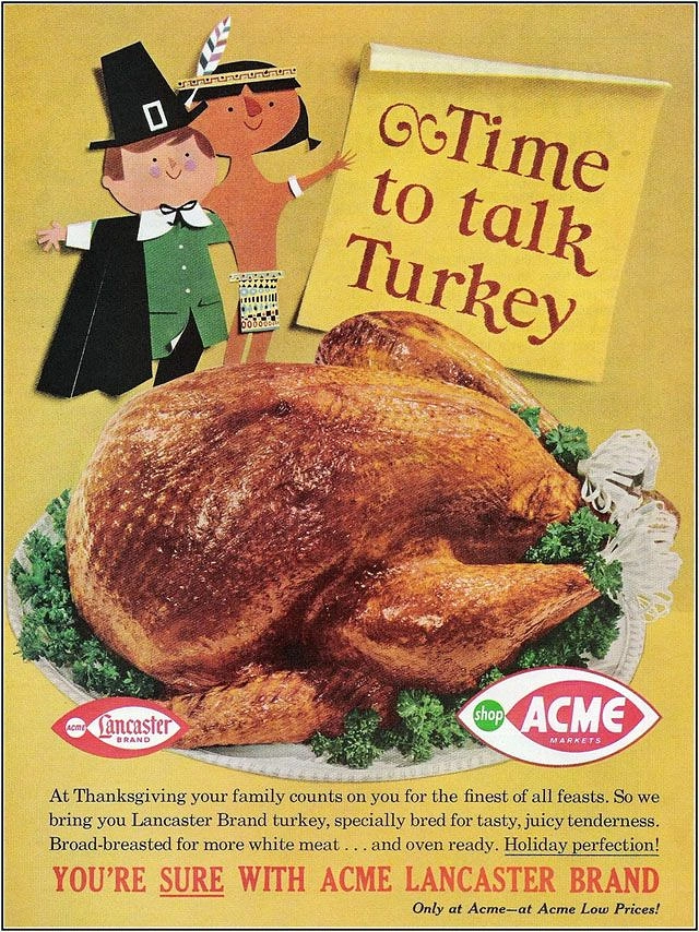 Thanksgiving creative ad: Roast turkey on a platter with cartoon pilgrim figures