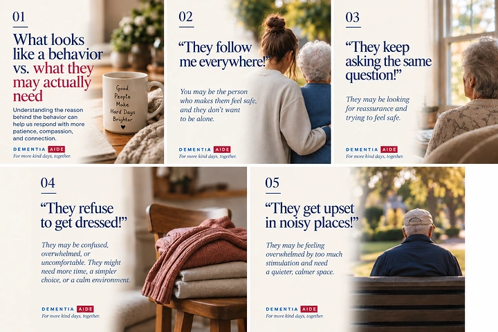 Healthcare creative ad: Five-panel dementia-care education carousel pairing empathetic statements with senior-life photography