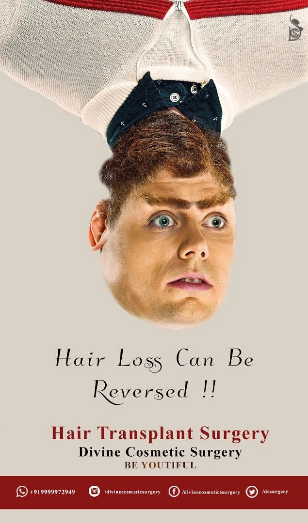 Hair Transplant & Hair Clinics creative ad: Upside-down face: hair loss reversed