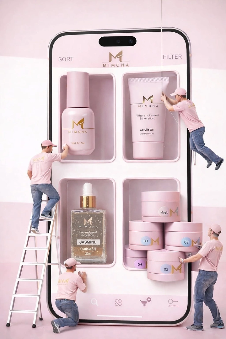 Nail Salons creative ad: Giant smartphone shop screen stocked with nail products by miniature workers