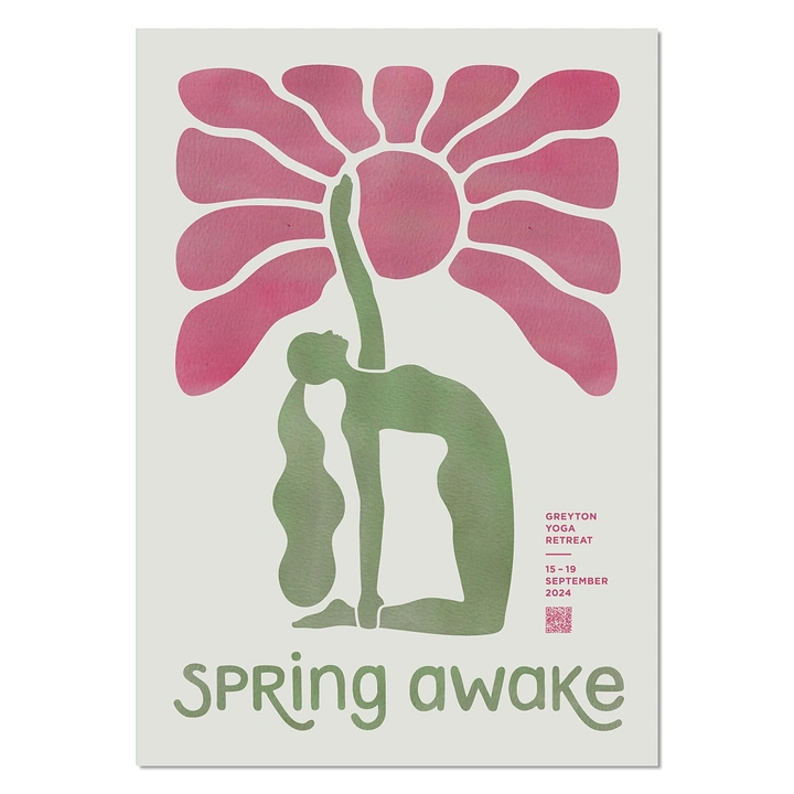 Creative ad: Green yoga figure in camel pose reaching up to a pink sun-flower