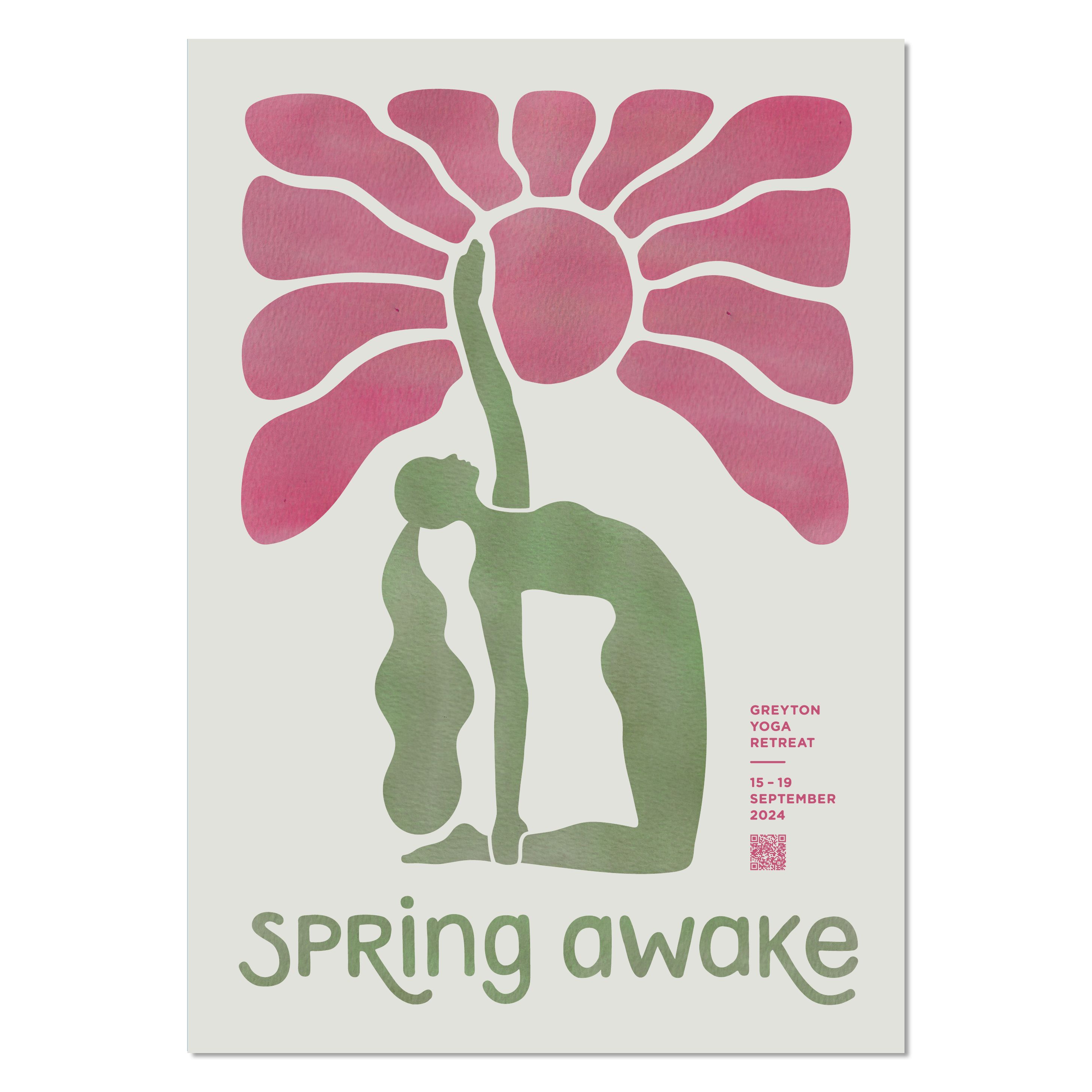 Poster: Green yoga figure in camel pose reaching up to a pink sun-flower