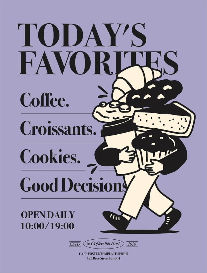 Coffee Shops creative ad: Cartoon character carrying a stack of pastries and coffee