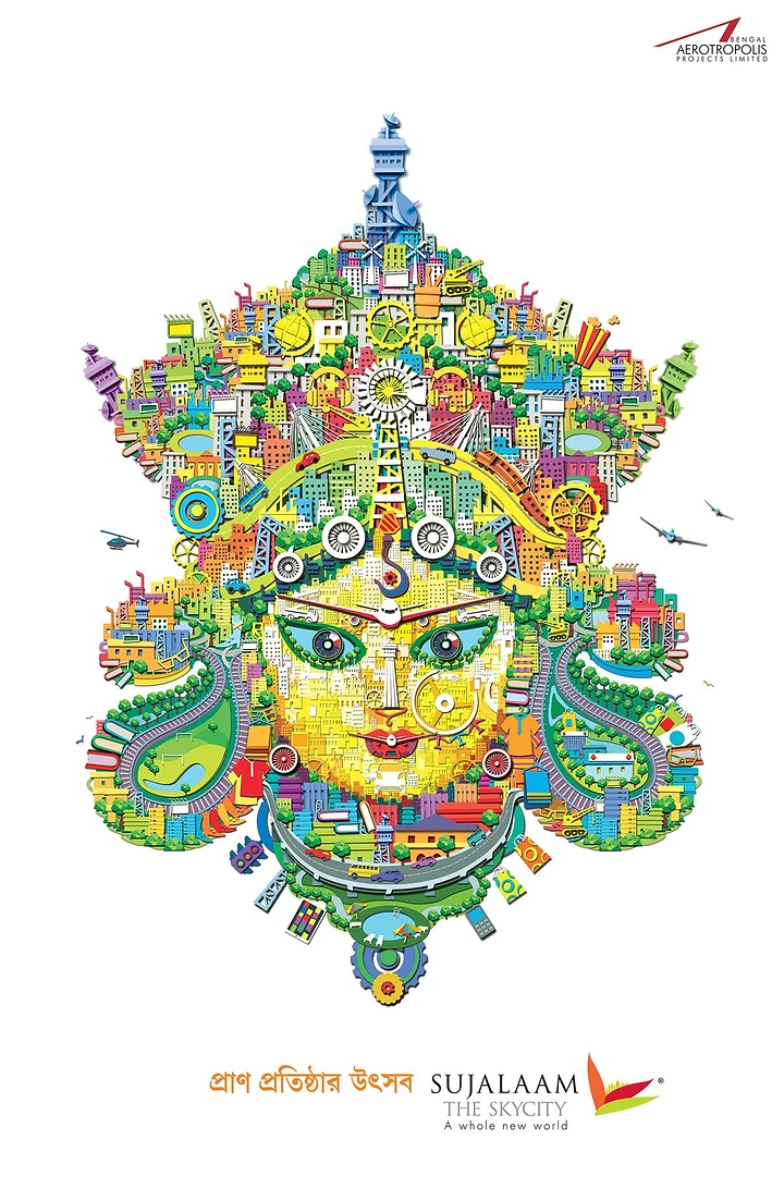 Durga Puja creative ad: Goddess Durga's face built from a colourful miniature city