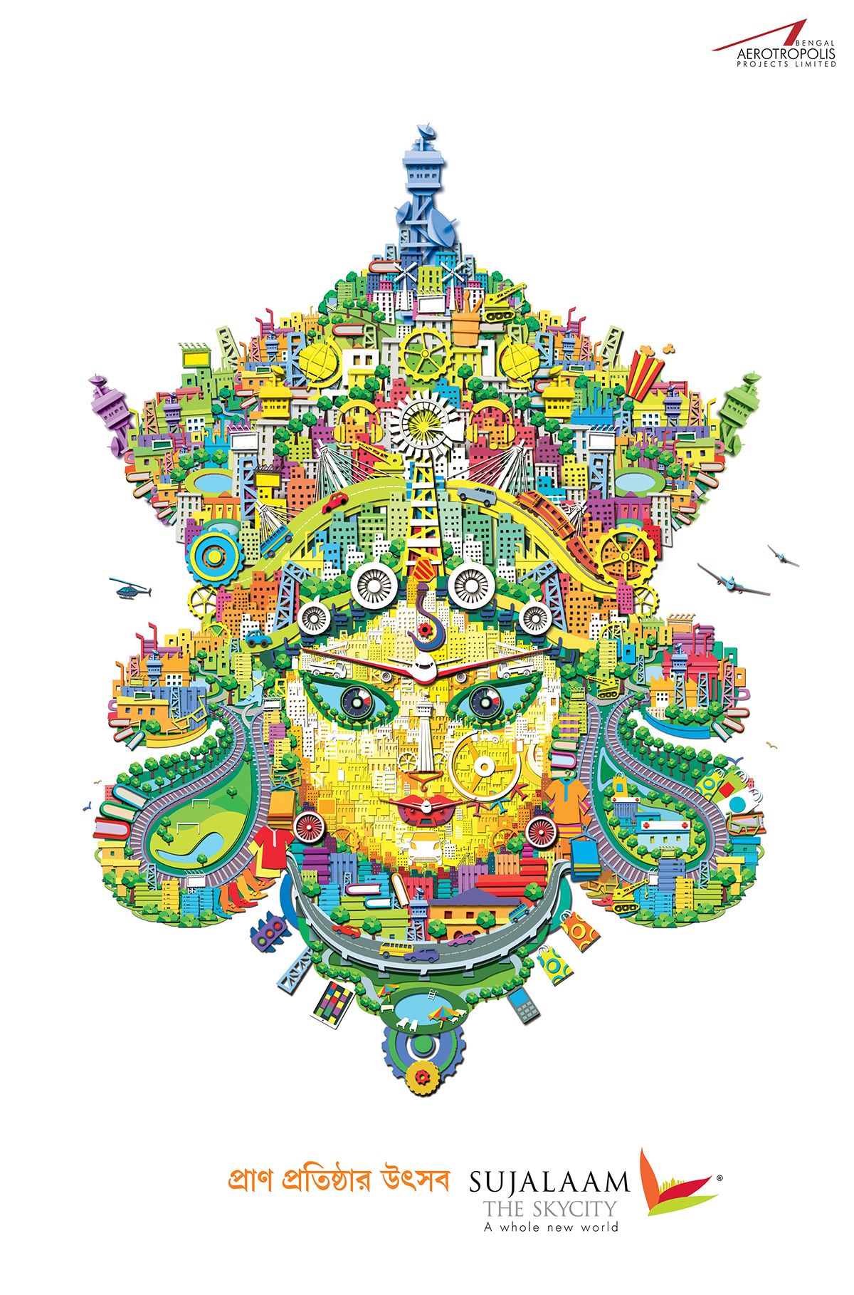 Goddess Durga's face built from a colourful miniature city
