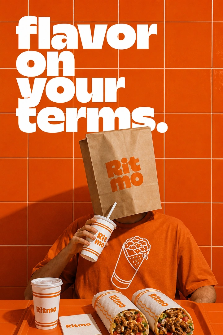 Restaurant & Cafe creative ad: Person with a branded paper bag over their head, sipping a drink