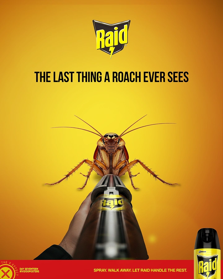 Pest Control creative ad: Cockroach staring down a spray can aimed like a gun barrel