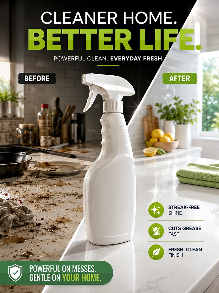 Cleaning Services creative ad: Spray bottle splits before/after kitchen