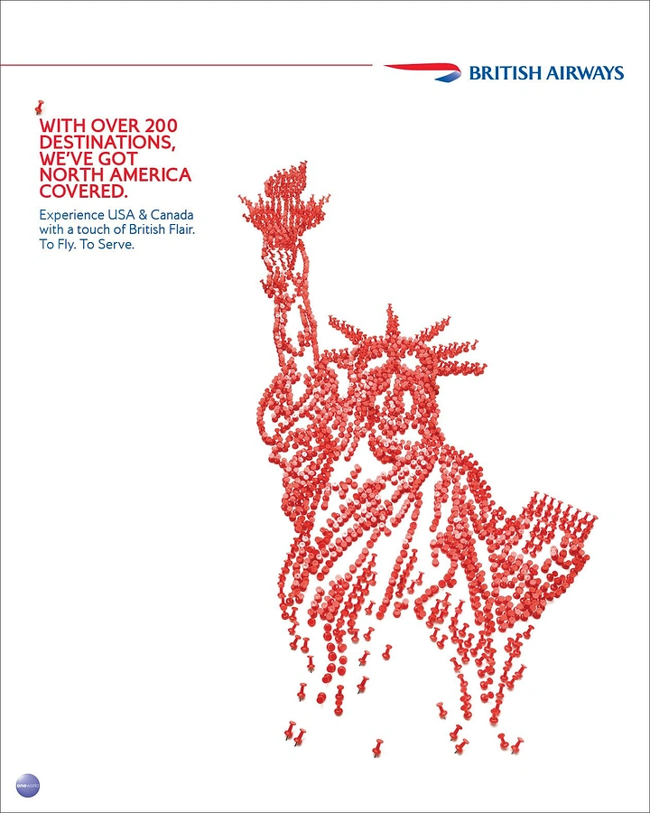 Airlines creative ad: Pointillist Statue of Liberty destination metaphor
