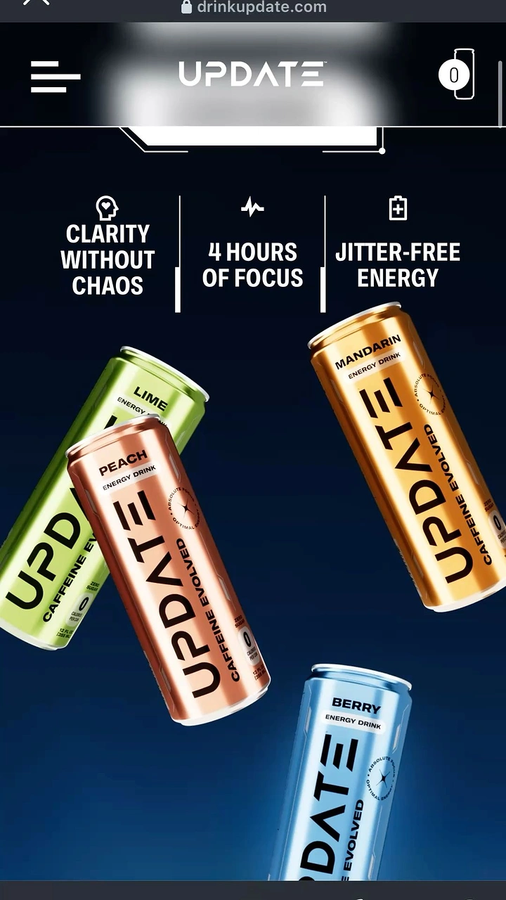 Energy & Sports Drinks creative ad: App-update interface frames energy benefits
