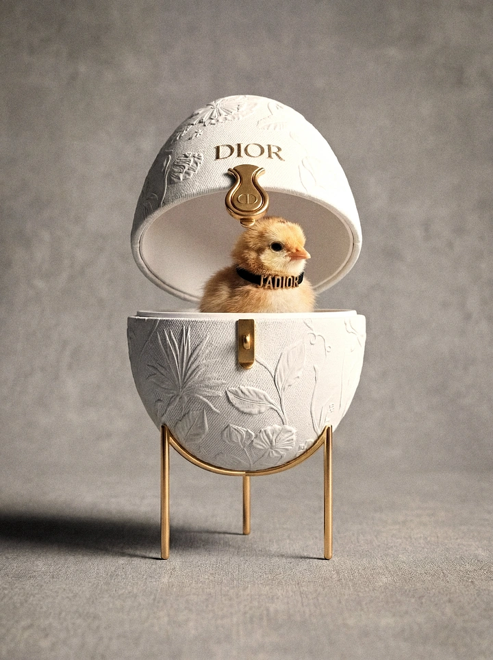 Easter creative ad: Open white embossed egg box on a gold stand with a chick inside