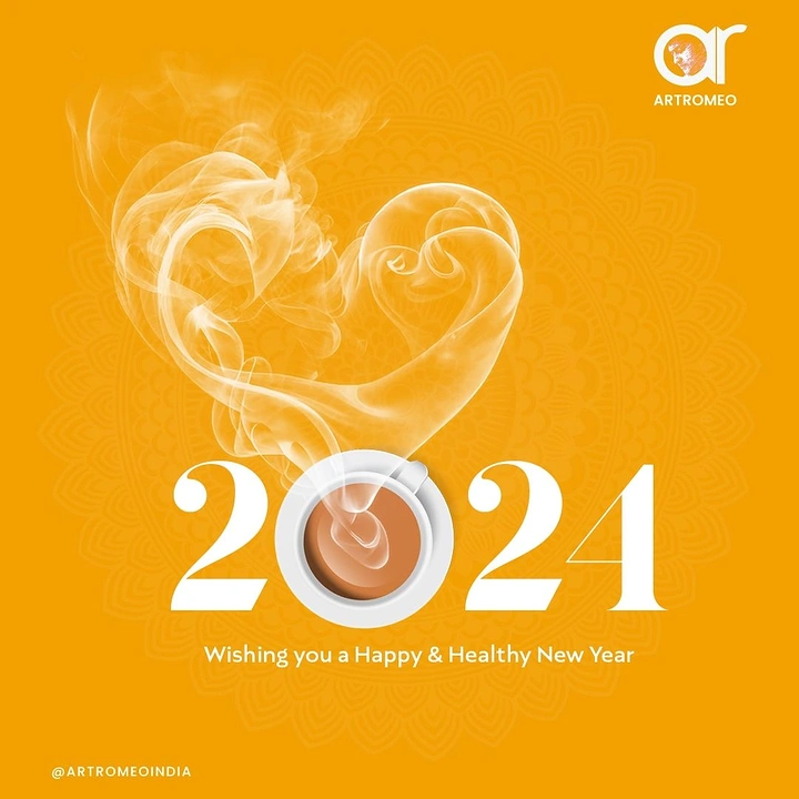 New Year creative ad: Top-down cup of chai forming the zero in 2024, steam rising as a heart