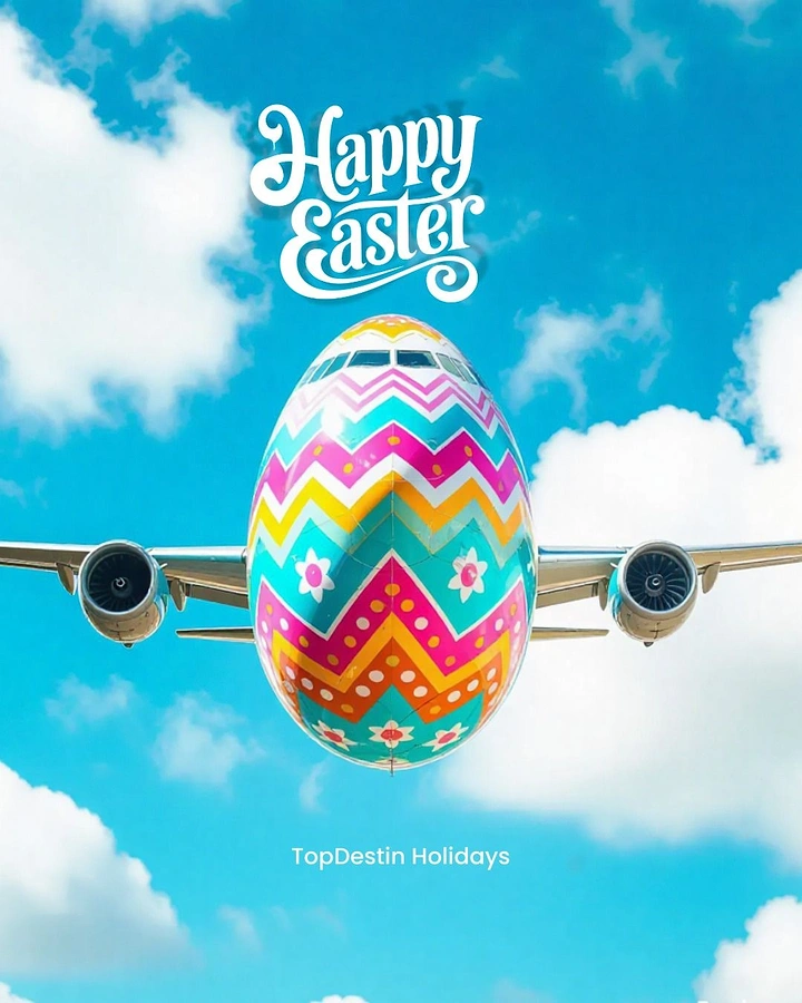 Easter creative ad: Airplane with an egg-shaped, Easter-painted fuselage flying head-on